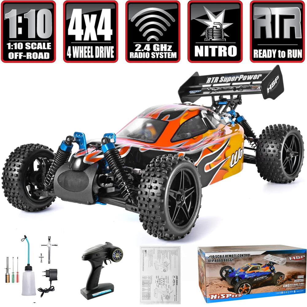 Carro de Controle Remoto Off-Road Nitro Gás, 2 Velocidades, Escala 1:10